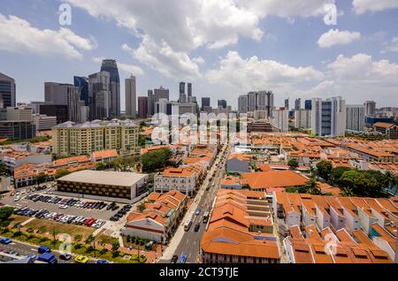 Singapore, Chinatown, view to old buildings in front of high-rise buildings, elevated view Stock Photo