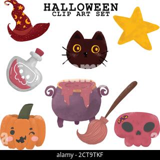 Halloween element clip art collection, watercolour paint, cute drawing, idea for greeting card, printable stuff, wall art Stock Vector