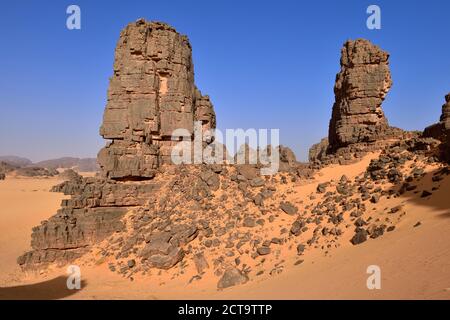 Africa, Algeria, Sahara, Tassili N'Ajjer National Park, Tadrart, Sandstone rock towers in Immourouden area Stock Photo