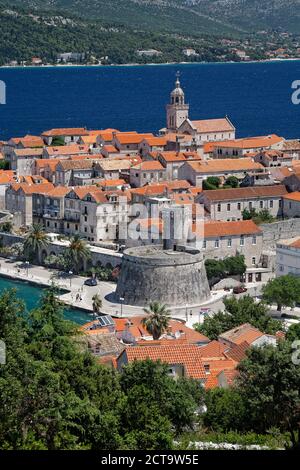 Croatia, Dubrovnik-Neretva, Korcula Island, Korcula, Cityscape, City wall Stock Photo