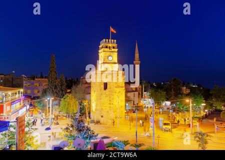 Turkey, Antalya, Clock tower and Murat Pasa Mosque at night Stock Photo