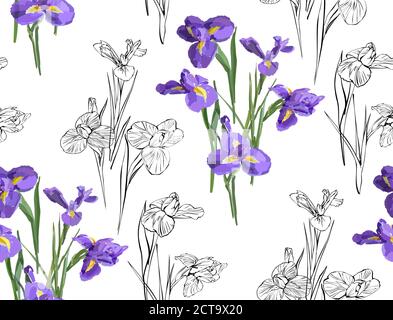 Irises flowers vector seamless background pattern hand drawn. Vector illustration. Textile design, wrapping paper. Stock Vector