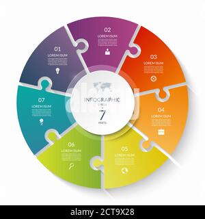 Puzzle infographic circle with 7 steps, options, pieces. Seven-part cycle chart. Can be used for diagram, graph, report, presentation, web design. Stock Vector