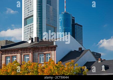 Germany, Hesse, Frankfurt am Main, residential houses, behind Commerzbank Tower Stock Photo