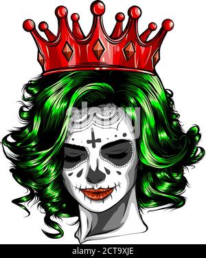 Female skull with a crown and long hair. Queen of death drawn in tattoo style. Vector. Stock Vector