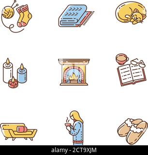Hygge home RGB color icons set Stock Vector
