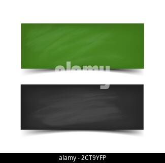 School board banner set. Realistic vector illustration of green and black boards whit chalk web banners with shadow isolated on white background. Stock Vector