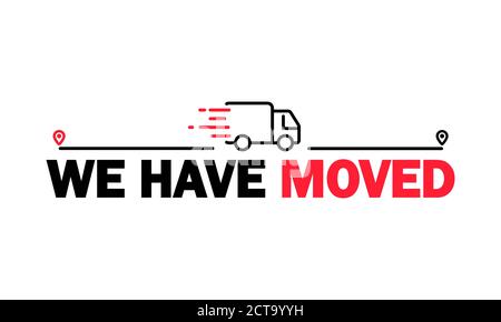 We have moved icon. Relocation. Changed address. GPS guide. Geotag. Vector on isolated white background. EPS 10 Stock Vector