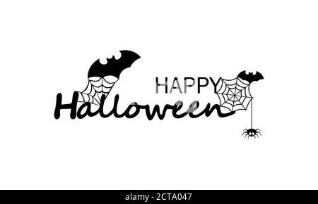 Happy Halloween banner in black. Invitation to a party. Calligraphy text. Spider, bat decoration. Vector on isolated white background. EPS 10 Stock Vector