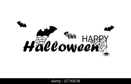 Happy Halloween banner in black. Calligraphy text design. Spiders and bats. Celebration party. Vector on isolated white background. EPS 10 Stock Vector