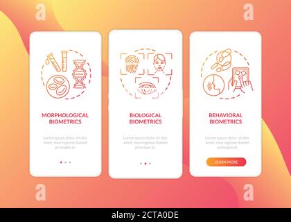 Biometrics types onboarding mobile app page screen with concepts Stock Vector