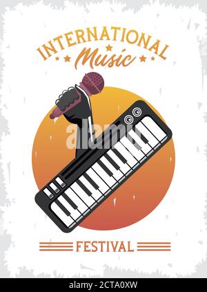 international music festival poster with hand lifting microphone and piano vector illustration design Stock Vector