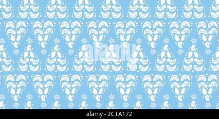 Vector folk art christmas tree seamless pattern. Lace style design with bird, star and snow flake in blue tones. All over print. Perfect for christmas season and winter holiday. Stock Vector