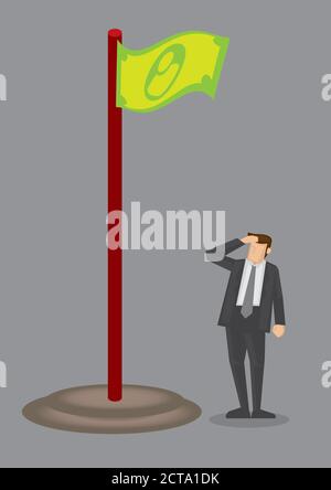 Cartoon business professional with hands on forehead in a salute gesture in front of flag with dollar design. Creative vector illustration on financia Stock Vector