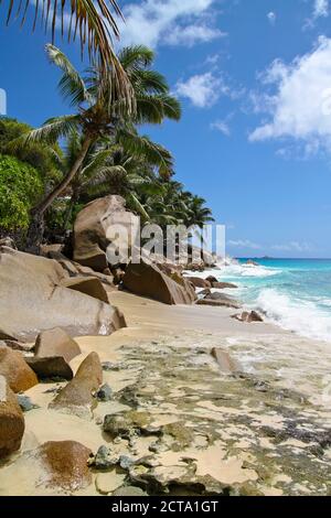 Seychelles, La Digue Island, View of the Anse Patate beach Stock Photo