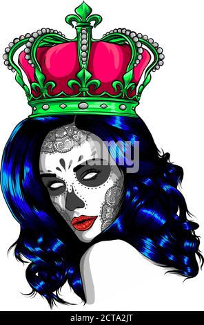 Female skull with a crown and long hair. Queen of death drawn in tattoo style. Vector illustration. Stock Vector