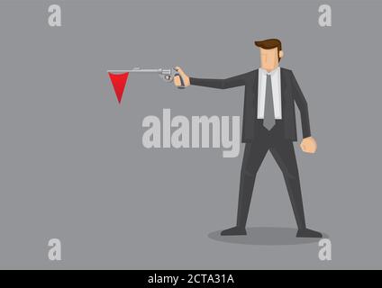 Businessmen in black suit holding a revolver with a red triangular flag hanging out of the gun barrel. Metaphor for red flag warning signal in corpora Stock Vector