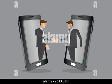 Businessmen of different ethnicity reaching out from mobile phone for handshake. Creative vector illustration for business and technology concept isol Stock Vector