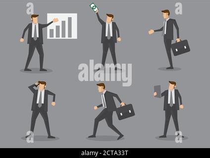 Business executive with chart, money, briefcase, mobile phone and digital tablet. Set of six vector characters isolated on grey plain background Stock Vector