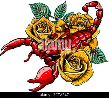 Scorpion and roses - color tattoo, vector illustration Stock Vector