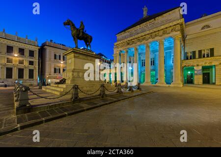 Italy, Genoa, Piazza de Ferrari,  Giuseppe Garibaldi monument at night Stock Photo