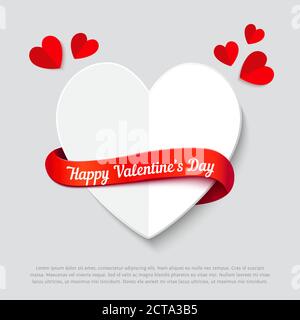 Valentines day abstract background with cut paper heart and curl red ribbon. Realistic vector illustration Stock Vector