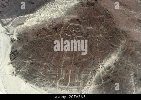 Peru, Ica, Nasca Lines, view of the spaceman or astronaut, aerial view Stock Photo