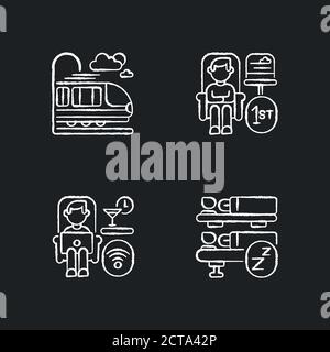 Luxury train service chalk white icons set on black background Stock Vector