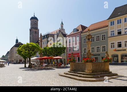 Germany, Bavaria, Pfaffenwinkel, Weilheim, Marienolatz with Parish Church Maria Himmelfahrt Stock Photo