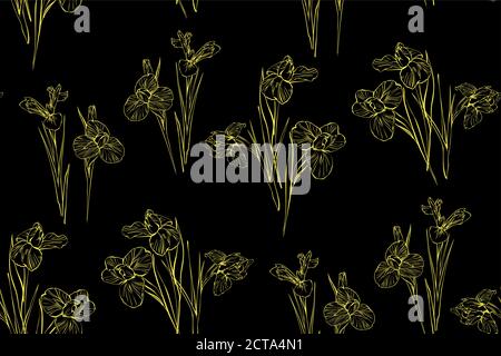 Irises flowers vector seamless background pattern hand drawn. Vector illustration. Textile design, wrapping paper. Stock Vector