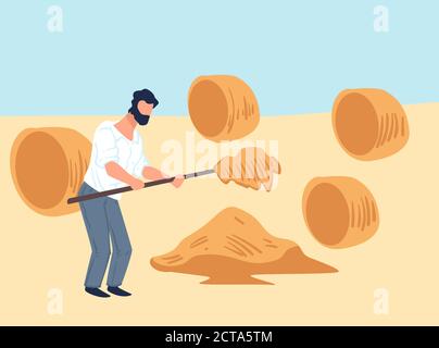 Farming man making hay bales from dry grass Stock Vector