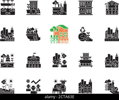 Urban farming black glyph icons set on white space Stock Vector