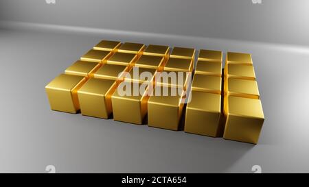 Cubes or boxes, order aligned, yellow golden metallic surface, realistic studio interior, 3d cgi render illustration conceptual wallpaper or backdrop Stock Photo