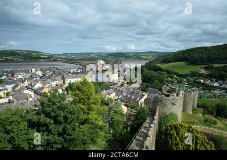 UK, Wales, Conwy, View from historical city wall to old town and castle Stock Photo