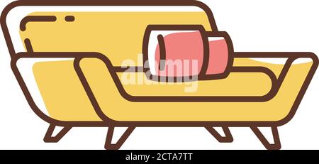 Comfortable yellow couch with red pillows RGB color icon Stock Vector
