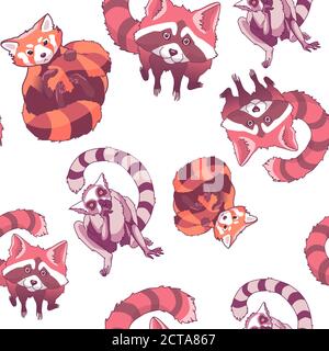 Dyed small panda, racoon and lemur on white backdrop. Seamless pattern for wrapping paper, sleeper, bath tile, apparel or bed linen. Phone case or clo Stock Vector