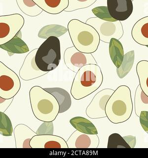 whole avocado and half avocado and seedless avocado and their leaves seamless pattern Stock Vector