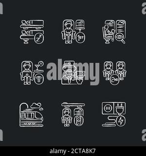 Railroad travel chalk white icons set on black background Stock Vector