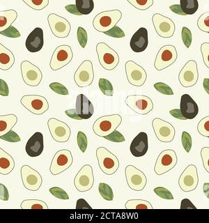 whole avocado and half avocado and seedless avocado and their leaves seamless pattern Stock Vector