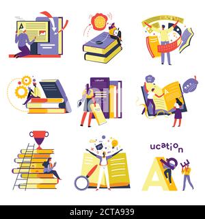 Education and knowledge obtaining, reading books and study online Stock Vector
