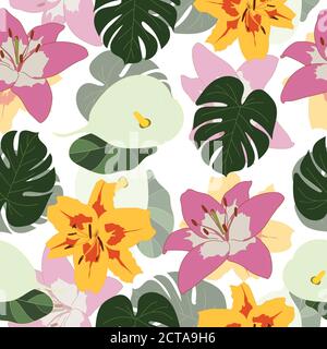 seamless pattern with tropical leaves and lilies Stock Vector Image ...