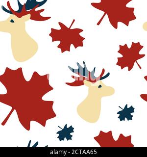 Abstract moose head on white backdrop. Maple leaf seamless pattern for wallpaper, wrap paper, sleeper, bath tile, apparel or bed linen. Phone case or Stock Vector