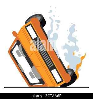 Car crash, damaged car in fire with smoke Stock Vector