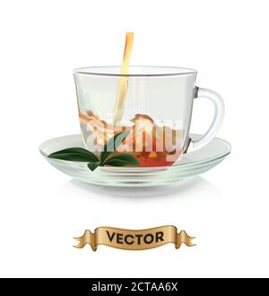 Cups of tea with green leaves on white background, realistic vector illustration Stock Vector