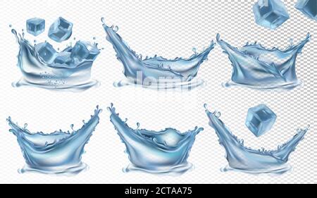 Realistic 3d ice cube falling in water splash. Cold water droplet blue ...