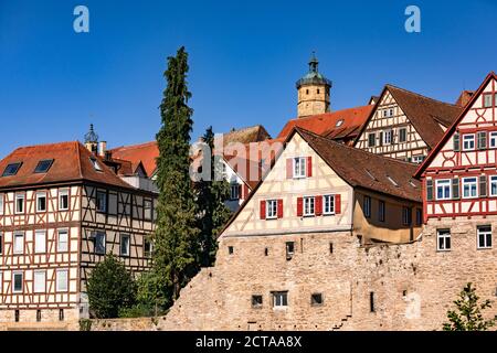 The historic old town of Schwaebisch Hall is well preserved and consists of a large number of half-timbered houses Stock Photo