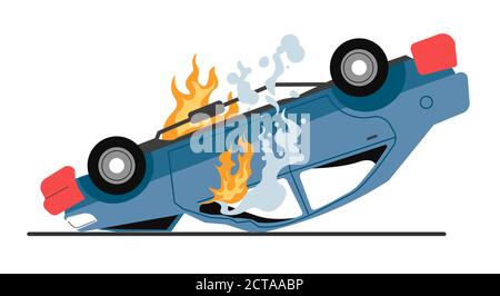 Burning car with damaged body, traffic accident or breakage Stock Vector