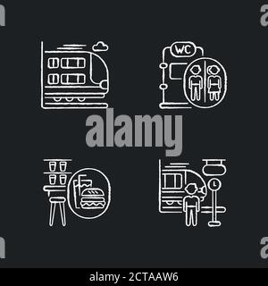 Railway services chalk white icons set on black background Stock Vector