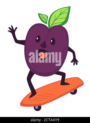 Plum skating on board, skateboarding sportive fruit vector Stock Vector