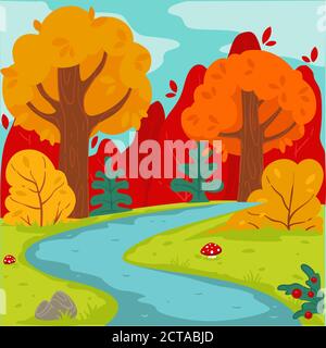 Forest landscape in autumn, fall season scenery of nature Stock Vector
